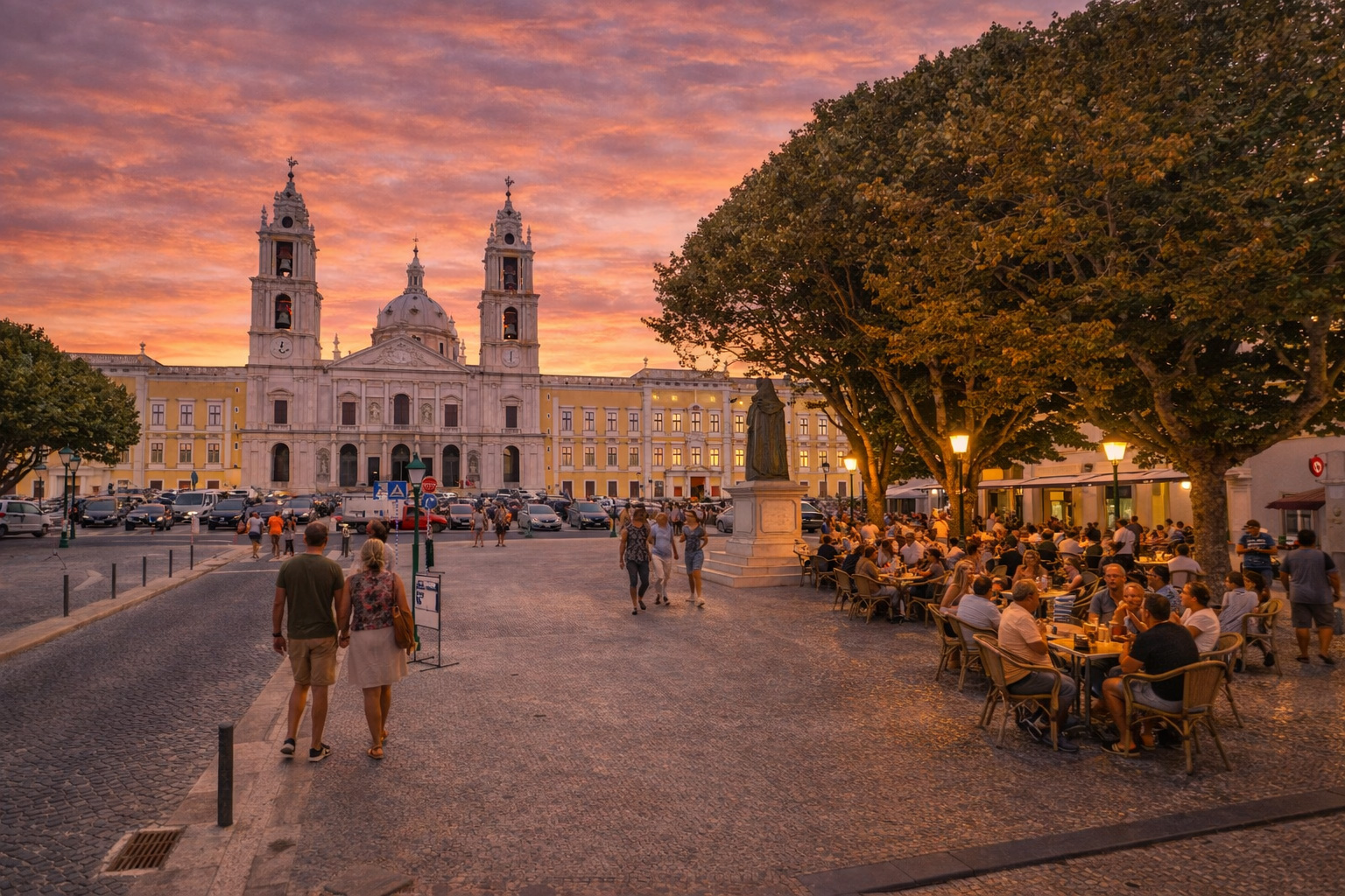 Praça da República in Mafra bei Sonnenuntergang mit dem imposanten Palast- und Basilika-Komplex im Hintergrund, warm leuchtendem Himmel, eingeschalteten Laternen sowie einem belebten Straßencafé unter den Bäumen auf der rechten Seite, während Spaziergänger über den Platz schlendern.