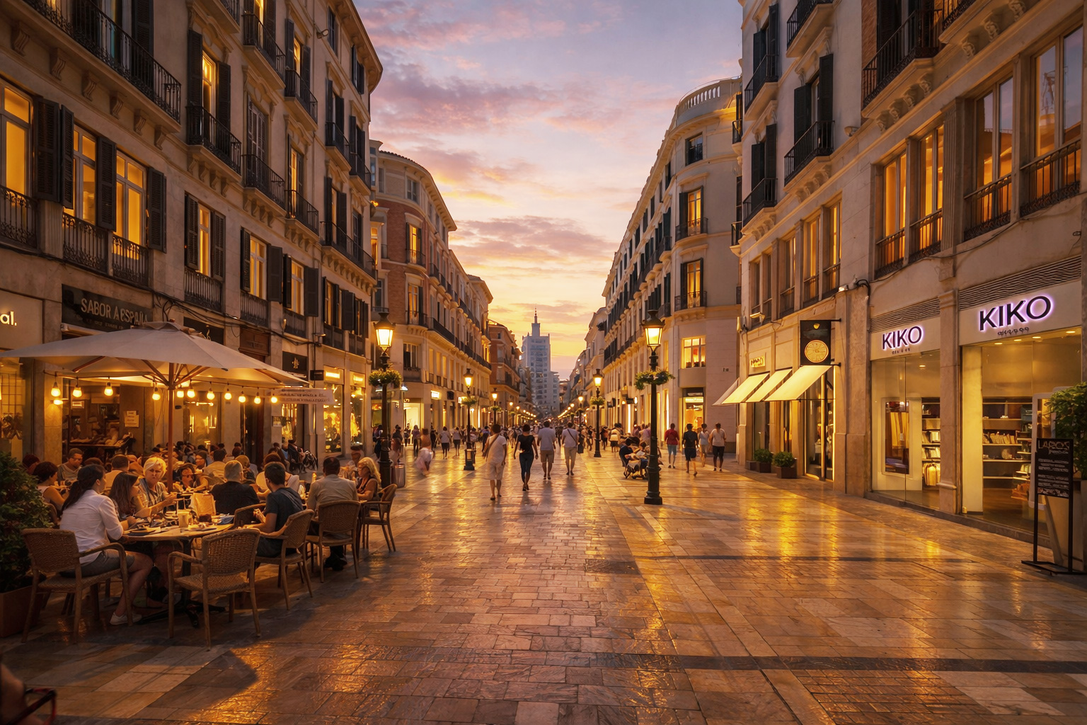 Belebte Calle Marqués de Larios in Málaga bei Sonnenuntergang mit beleuchtetem Straßencafé auf der linken Seite, warm erhellten Schaufenstern, eingeschalteter Straßenbeleuchtung und Spaziergängern auf der eleganten Fußgängerzone.