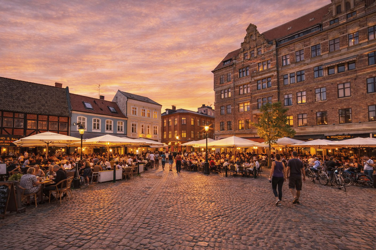 Lilla Torg in Malmö bei Sonnenuntergang mit historischem Platz und Kopfsteinpflaster, warm beleuchteten Fenstern und eingeschalteten Straßenlaternen, dicht besetzten Straßencafés unter hellen Sonnenschirmen sowie Spaziergängern zwischen den Tischen, umrahmt von bunten Fassaden und einem großen Backsteingebäude