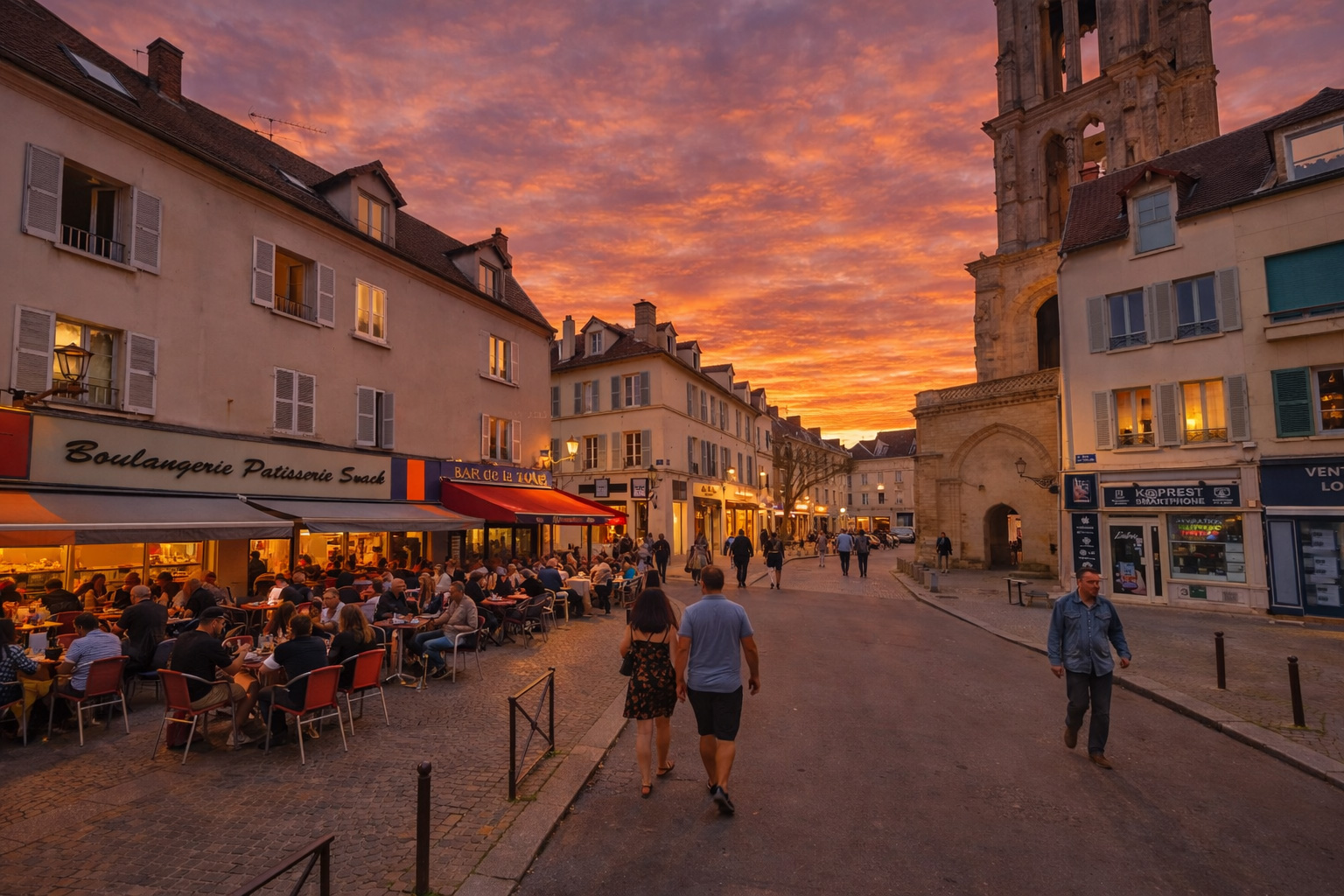 Abendstimmung am Pl. du Marché au Blé mit belebtem Straßencafé links unter Markisen, warm beleuchteten Fenstern und Schaufenstern, eingeschalteten Laternen, Spaziergängern entlang der Straße und markantem Kirchturm im Hintergrund bei Sonnenuntergang