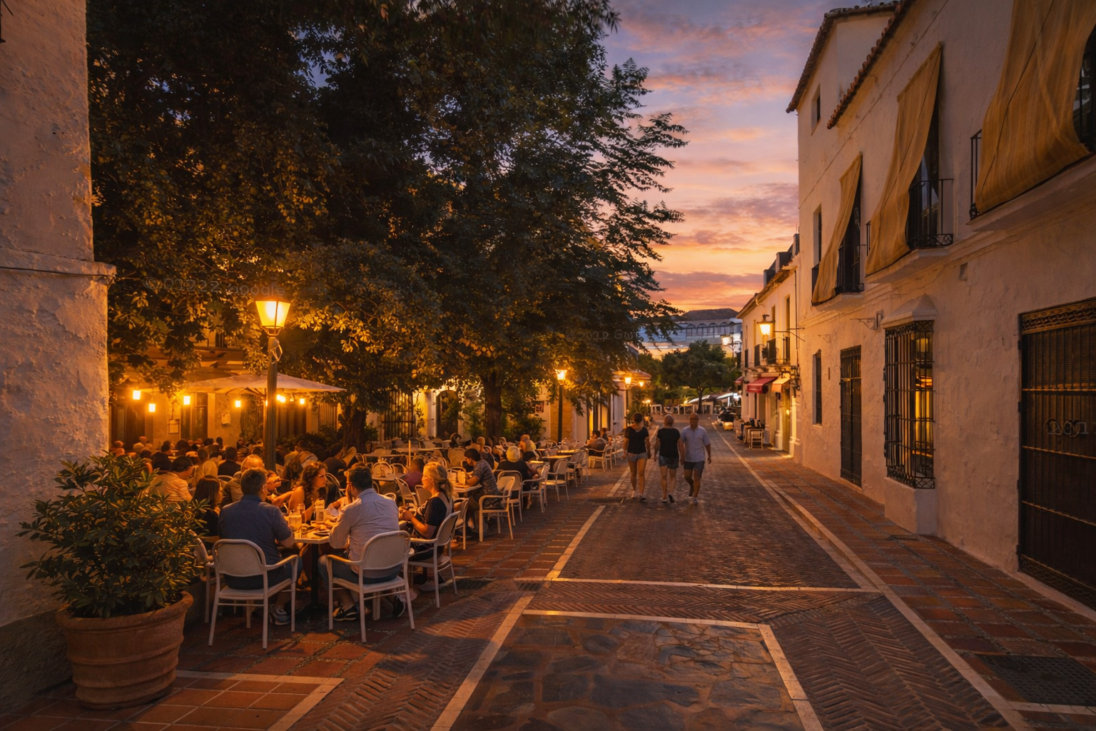 Abendliche Stimmung in der C. Plazuela de San Bernabé in Marbella mit beleuchtetem Straßencafé auf der linken Seite, warmem Licht der Straßenlaternen, weiß verputzten Häuserfassaden und Spaziergängern in der schmalen Altstadtgasse.