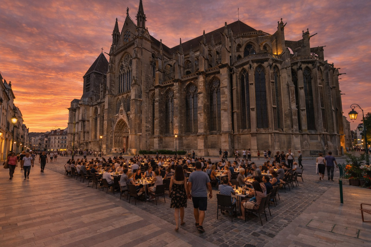 Abendstimmung an der Rue Saint-Etienne mit der Saint Stephen's Cathedral of Meaux, belebtem Straßencafé auf dem Kopfsteinpflaster, Spaziergängern vor der gotischen Kathedrale, warm leuchtenden Fenstern und eingeschalteten Laternen unter einem farbigen Sonnenuntergangshimmel