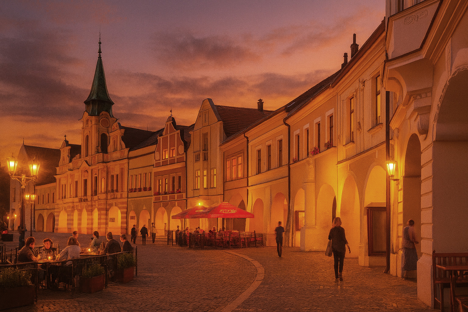 Abendstimmung auf dem Marktplatz in Mělník mit beleuchtetem Straßencafé, erleuchteten Fenstern, Spaziergängern entlang der Häuserzeile und malerischem Sonnenuntergangshimmel.