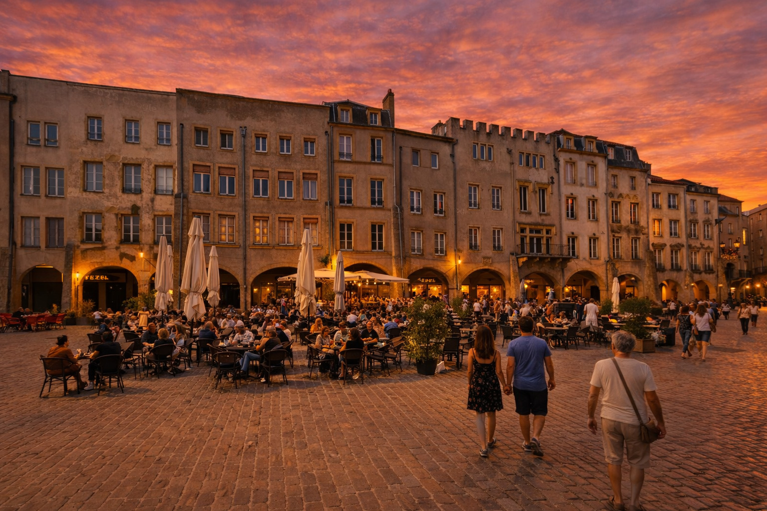 Belebtes Straßencafé auf dem Place St Louis in Metz bei Sonnenuntergang, historische Arkadenhäuser im Hintergrund, warm leuchtende Fenster und eingeschaltete Straßenlaternen, Spaziergänger auf dem Platz