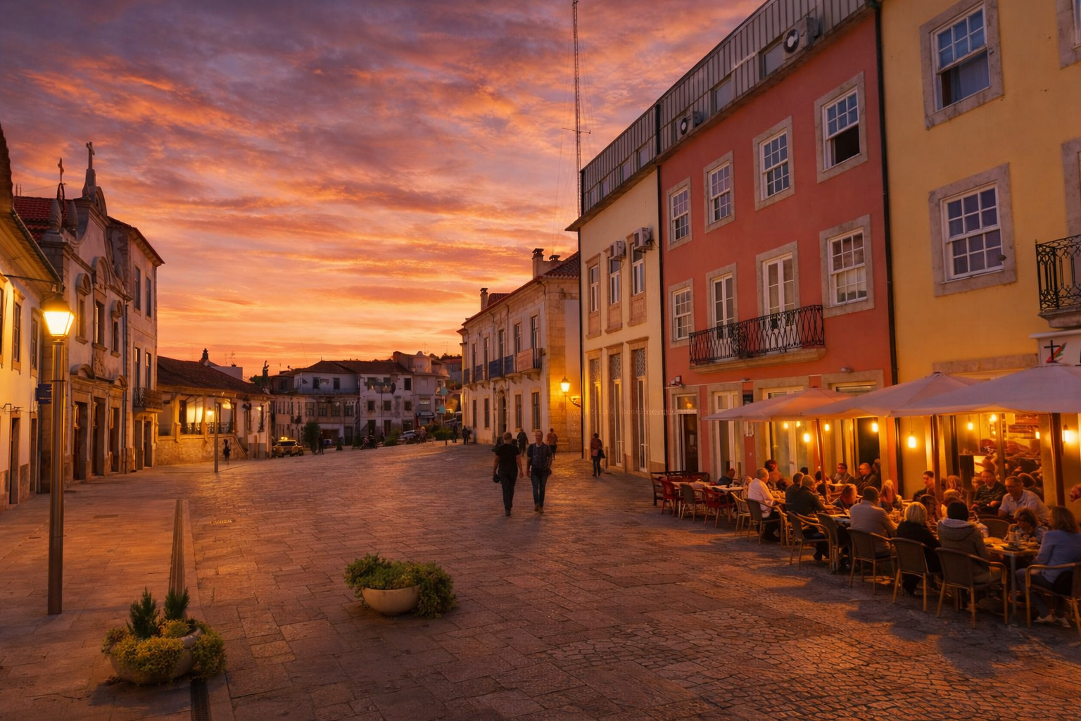 Weitläufiger Altstadtplatz mit farbigen Fassaden, warmem Sonnenuntergangshimmel, eingeschalteten Laternen, beleuchteten Fenstern und belebtem Straßencafé mit Gästen sowie Spaziergängern
