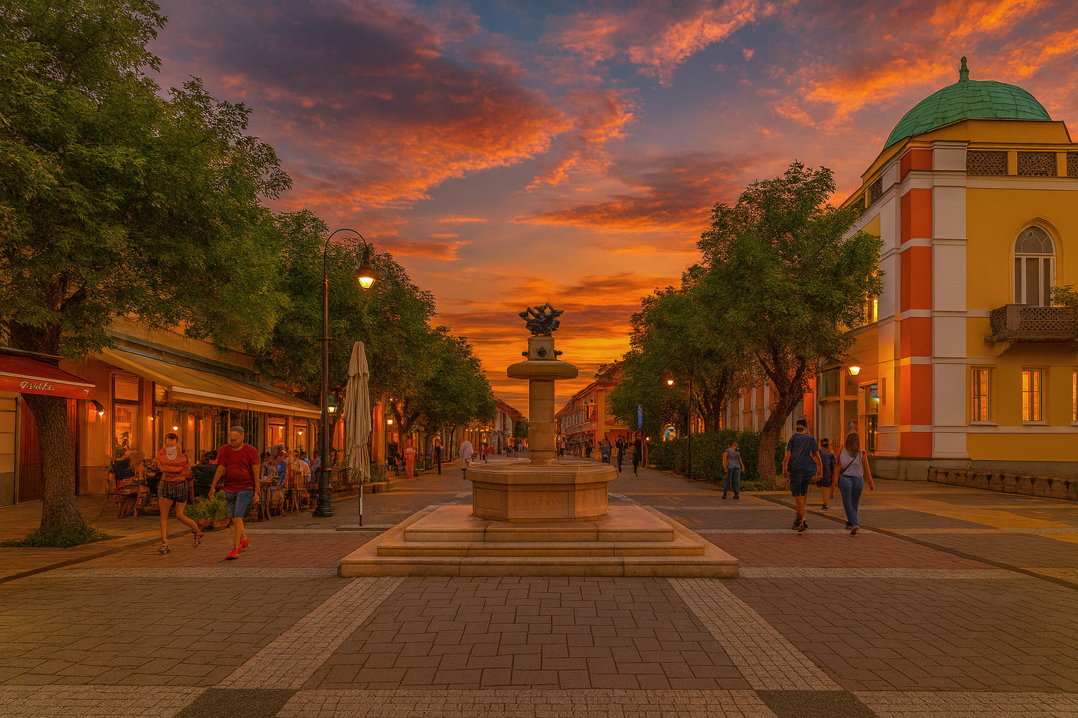 Abendstimmung in der Altstadt von Mohács mit Spaziergängern, Straßencafé links neben dem Brunnen, sommerlich grünen Bäumen, beleuchteten Gebäuden und farbenprächtigem Sonnenuntergangshimmel.