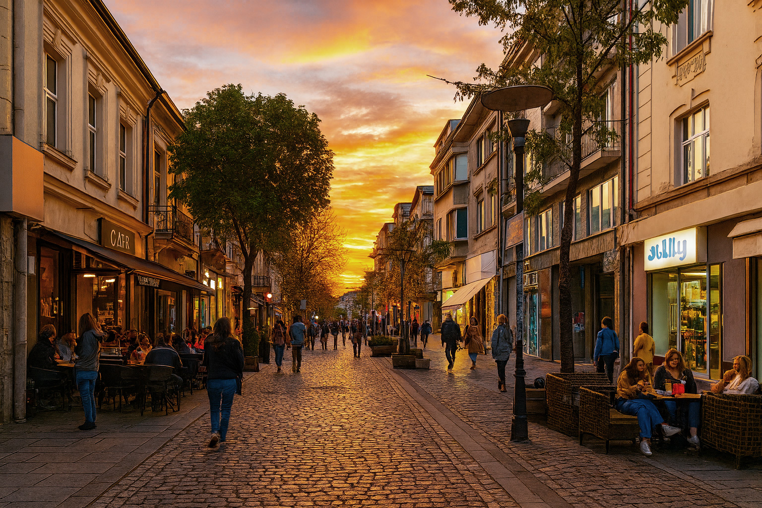 Abendstimmung in der Fußgängerzone von Montana mit beleuchtetem Straßencafé, sommerlich grünen Bäumen und Spaziergängern unter malerischem Sonnenuntergangshimmel.
