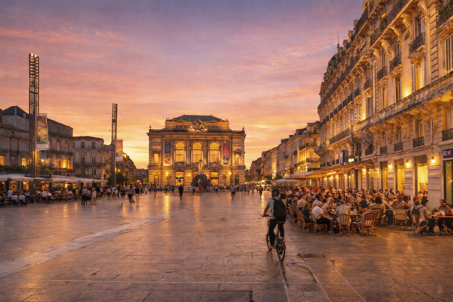 Lebendige Abendstimmung auf der Place de la Comédie in Montpellier bei Sonnenuntergang, mit vielen Spaziergängern über den weiten Platz, einem belebten Straßencafé rechts ohne Schirme, warm beleuchteten Fenstern und eingeschalteter Straßenbeleuchtung vor der imposanten Oper im Hintergrund.