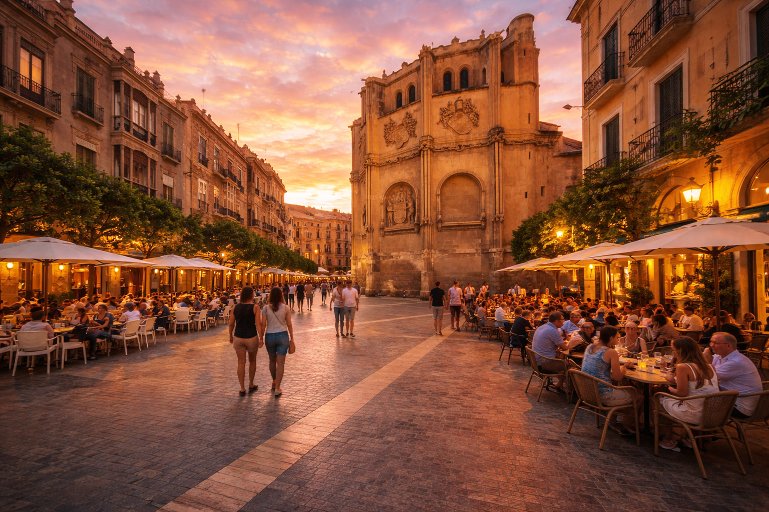 Sonnenuntergang auf der Plaza de los Apóstoles in Murcia mit der eindrucksvollen Fassade der Kathedrale, belebten Straßencafés auf beiden Seiten des Platzes, warm beleuchteten Fenstern und eingeschalteter Platzbeleuchtung, während mehrere Spaziergänger über das weite Pflaster flanieren.