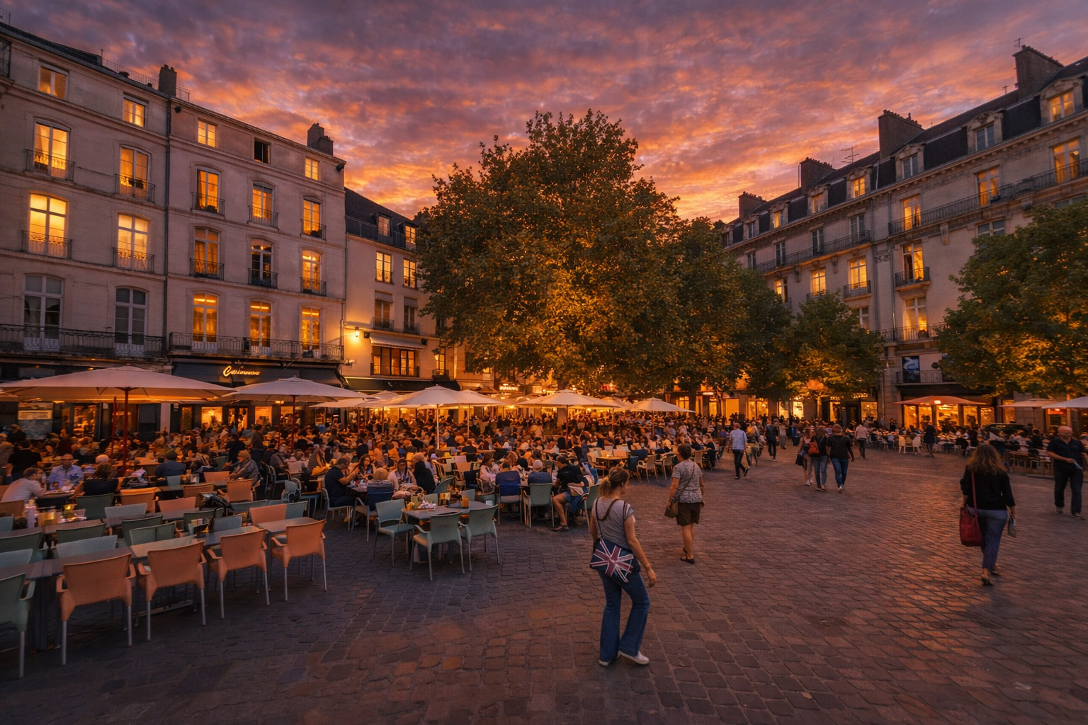 Abendstimmung auf der Place du Commerce mit lebhaftem Straßencafé unter hellen Schirmen, warm beleuchteten Fenstern der historischen Fassaden, Spaziergängern auf dem weiten Platz und weichem Licht des Sonnenuntergangs zwischen Bäumen und Stadtarchitektur