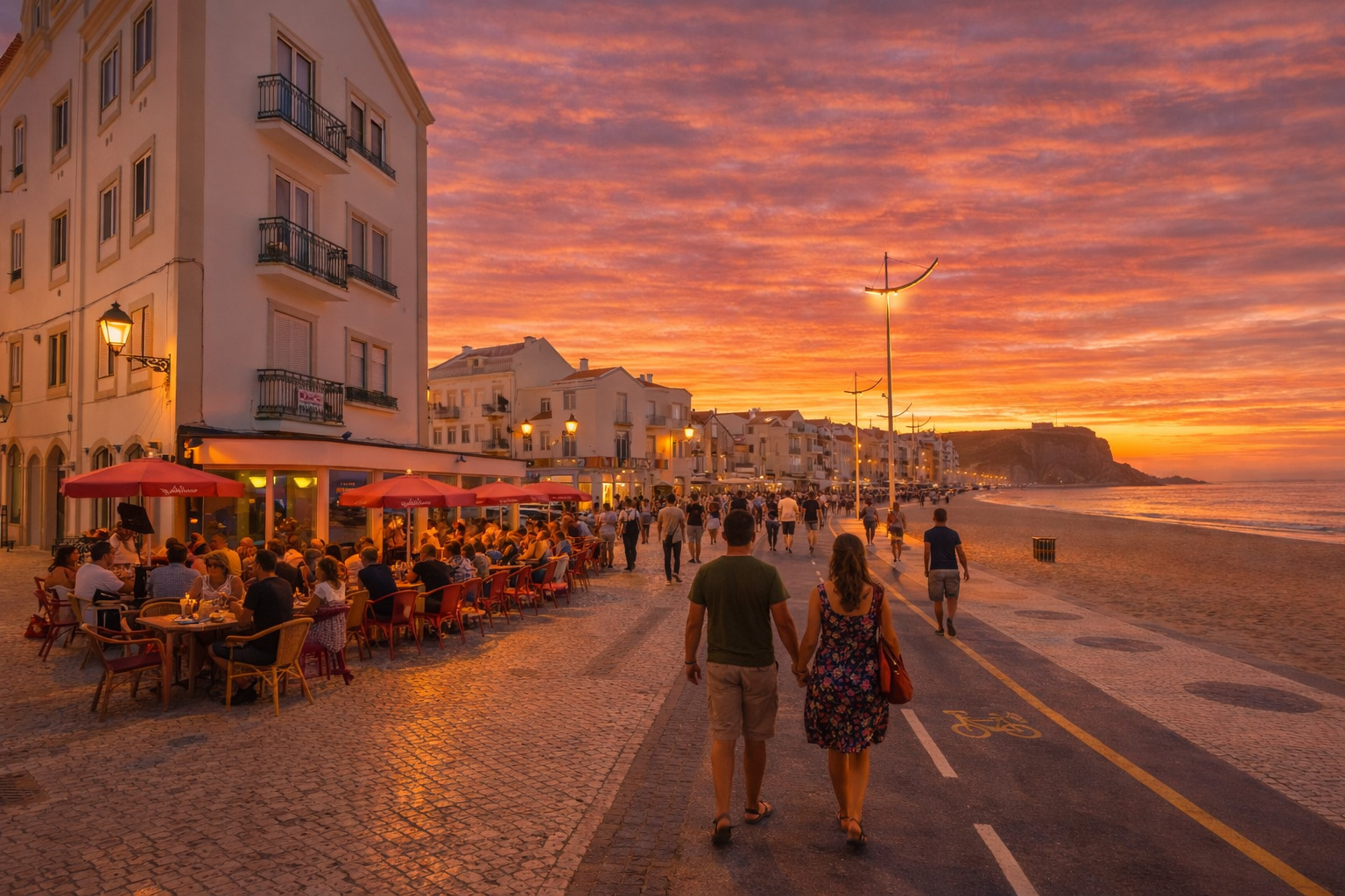 Adrião Batalha Strandpromenade in Nazaré bei Sonnenuntergang mit leuchtendem Himmel über dem Atlantik, einem belebten Straßencafé auf der linken Seite, eingeschalteter Promenadenbeleuchtung und Spaziergängern entlang der Uferpromenade am Strand.