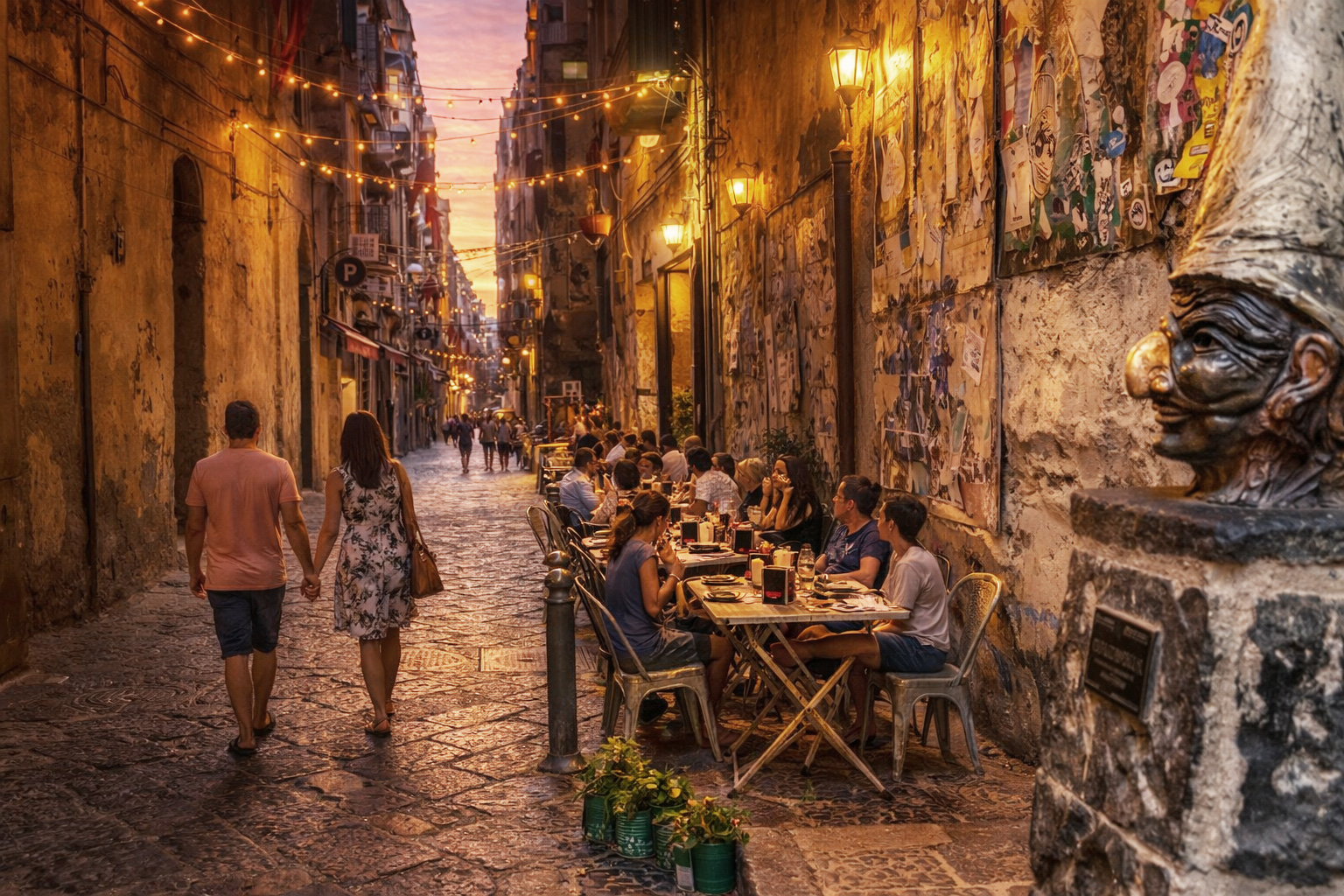 Schmale historische Gasse in der Altstadt von Neapel bei Sonnenuntergang mit belebtem Straßencafé, Spaziergängern und warm beleuchteten Fassaden