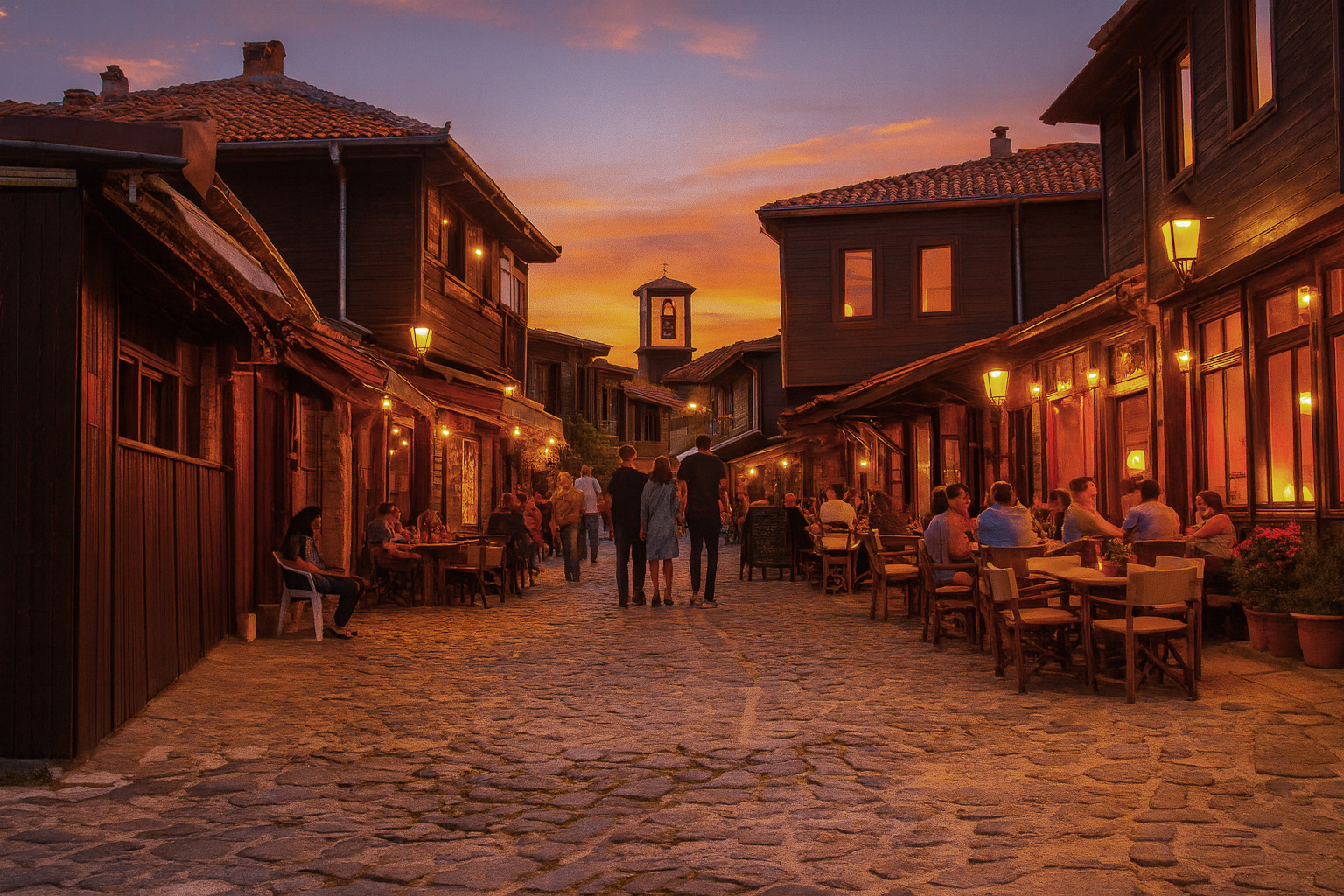 Belebte Altstadtgasse in Nessebar am Abend mit Straßencafés, Spaziergängern und historischen Holzhäusern unter farbigem Sonnenuntergang.