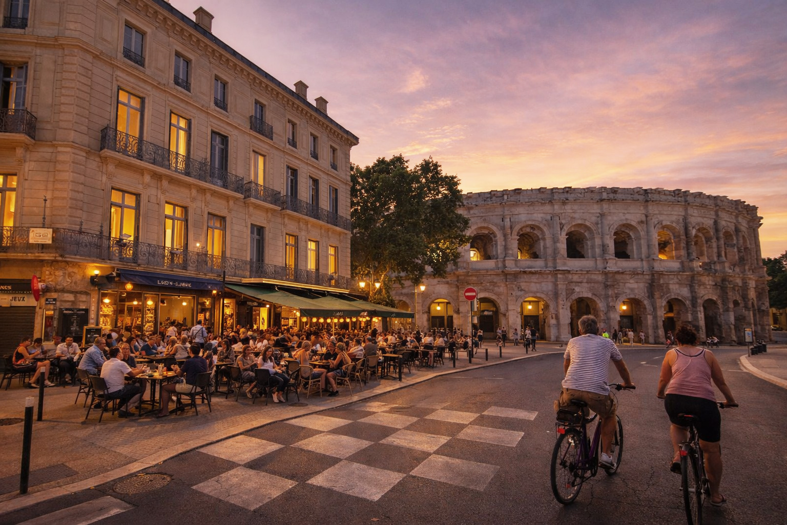 Abendstimmung an der Rue Saint-Antoine in Nîmes mit belebtem Straßencafé links, warm erleuchteten Fenstern und eingeschalteten Laternen, während zwei Radfahrer über die Straße in Richtung der beleuchteten römischen Arena fahren, unter einem rosafarbenen Sonnenuntergangshimmel.