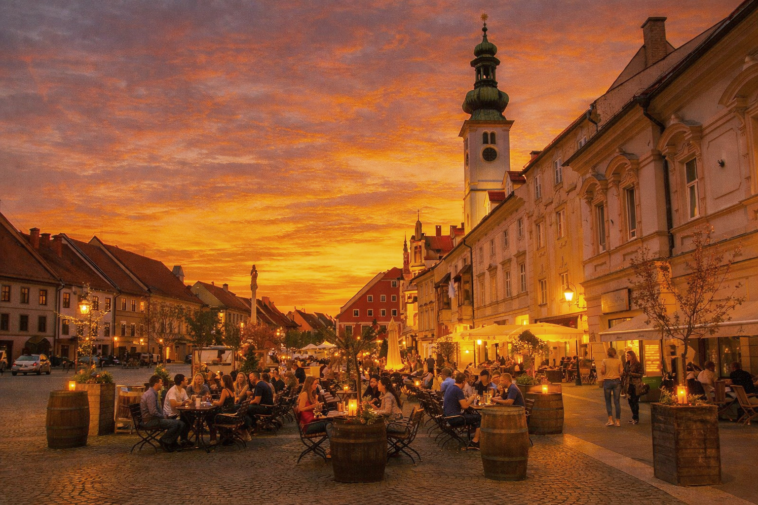 Abendstimmung auf dem Glavni trg in Novo mesto mit belebten Straßencafés, historischen Fassaden, Spaziergängern und dem Kirchturm vor einem farbenprächtigen Sonnenuntergangshimmel.