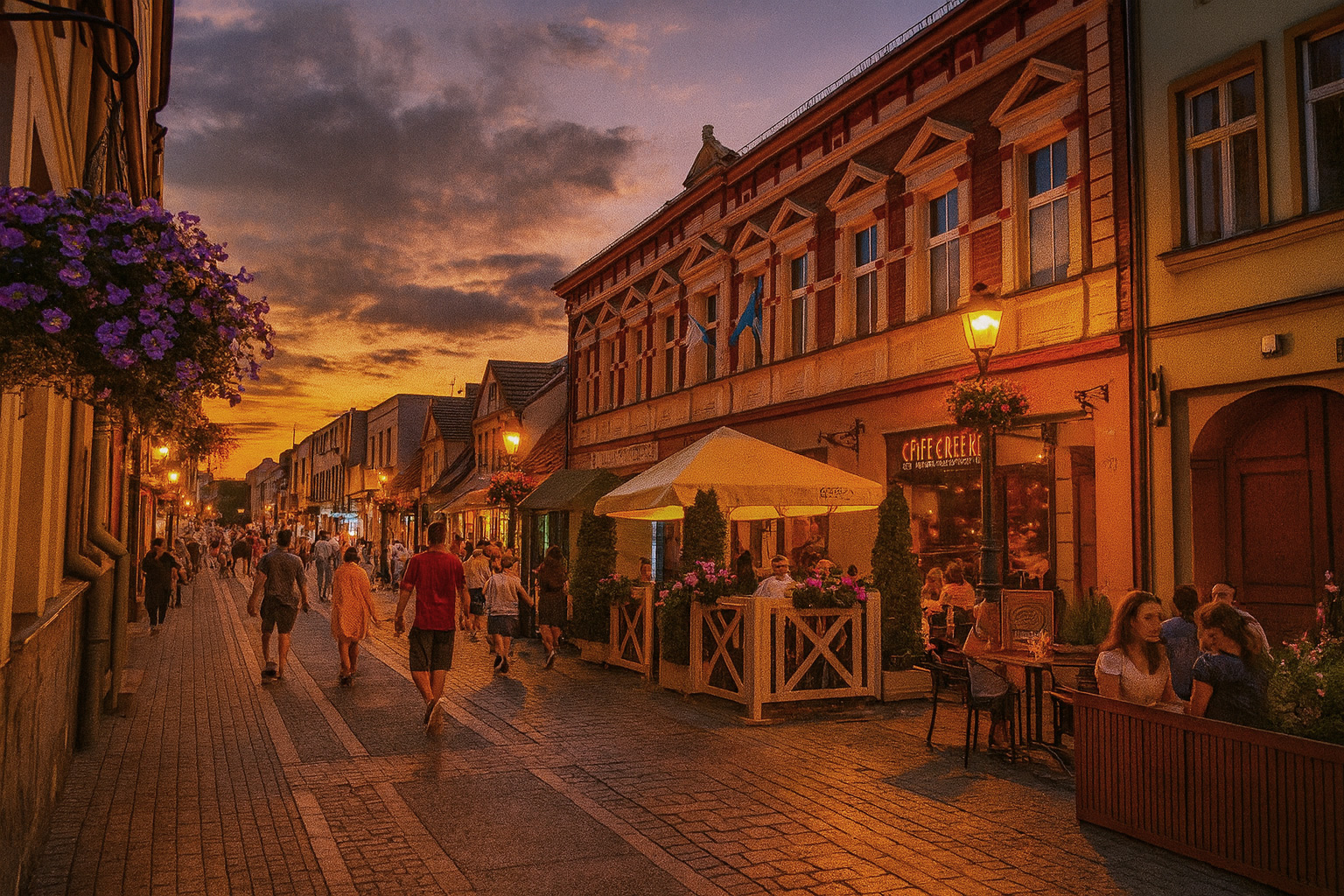 Früher Abend in der Fußgängerzone Mickiewicza in Nowy Tomyśl mit Spaziergängern, Cafés und warm beleuchteter Atmosphäre.