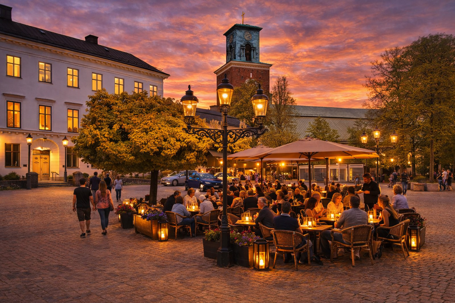 Stora Torget in Nyköping bei Sonnenuntergang mit historischer Platzanlage und Kopfsteinpflaster, warm beleuchteten Fenstern im weißen Gebäude und eingeschalteten Laternen, belebtem Straßencafé anstelle der Sitzbänke mit vielen Gästen unter großen Sonnenschirmen sowie Spaziergängern über den Platz, Uhrturm im Hintergrund vor einem orangefarbenen Abendhimmel