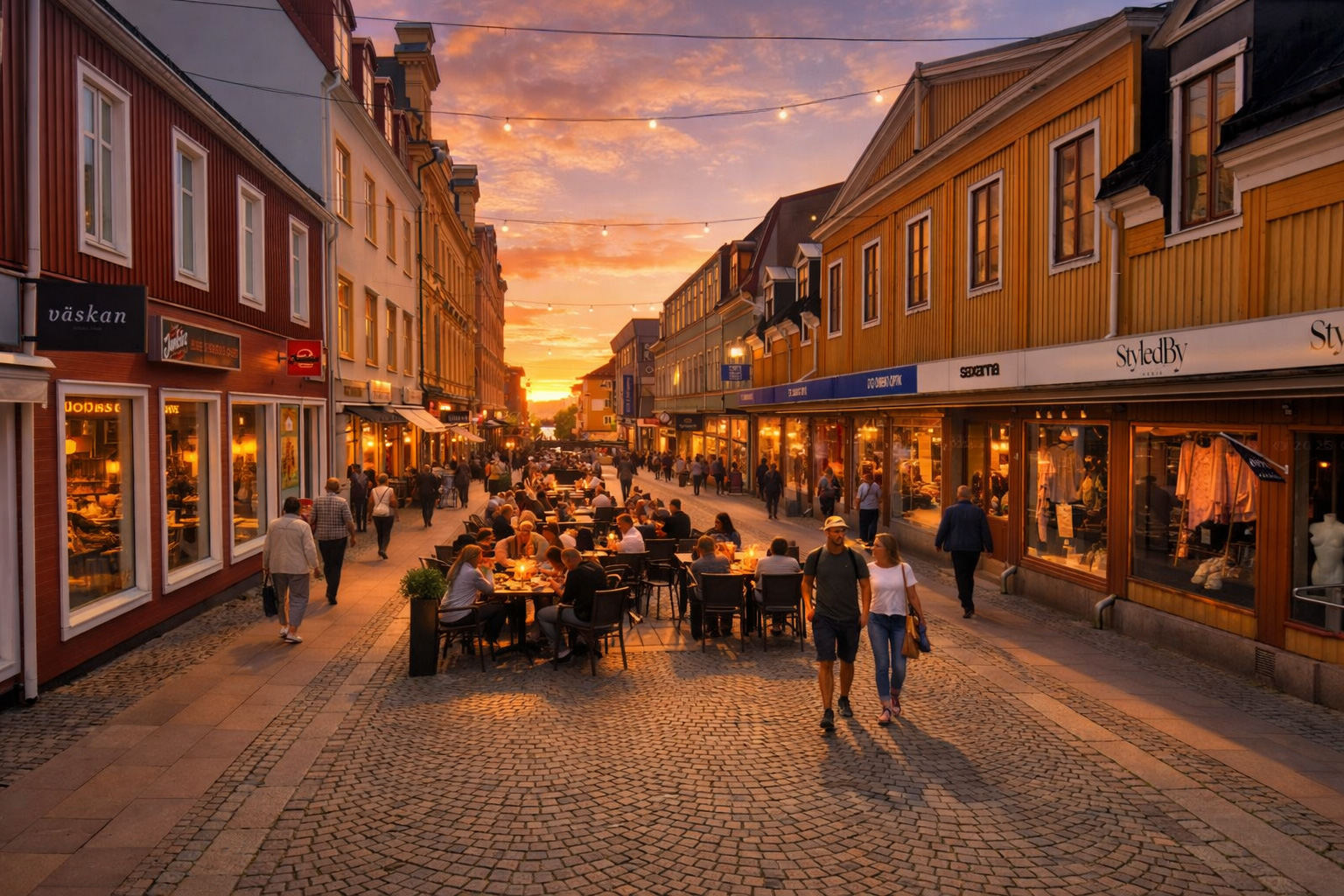 Belebte Storgatan in Örnsköldsvik bei Sonnenuntergang mit kopfsteingepflasterter Fußgängerzone, warm beleuchteten Schaufenstern, Lichterketten über der Straße, voll besetztem Straßencafé in der Mitte und Spaziergängern zwischen farbigen Holzfassaden