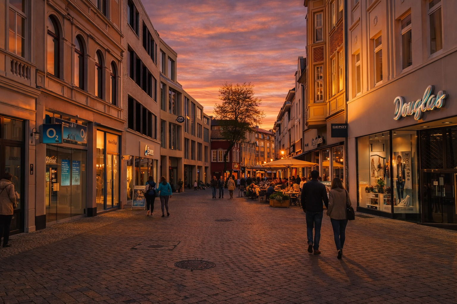 Breite Fußgängerzone mit historischen Fassaden und modernen Schaufenstern, warm beleuchtete Innenräume, eingeschaltete Straßenlaternen, rechts hinten ein belebtes Straßencafé unter großen hellen Sonnenschirmen, viele Spaziergänger im goldenen Licht des Sonnenuntergangs.