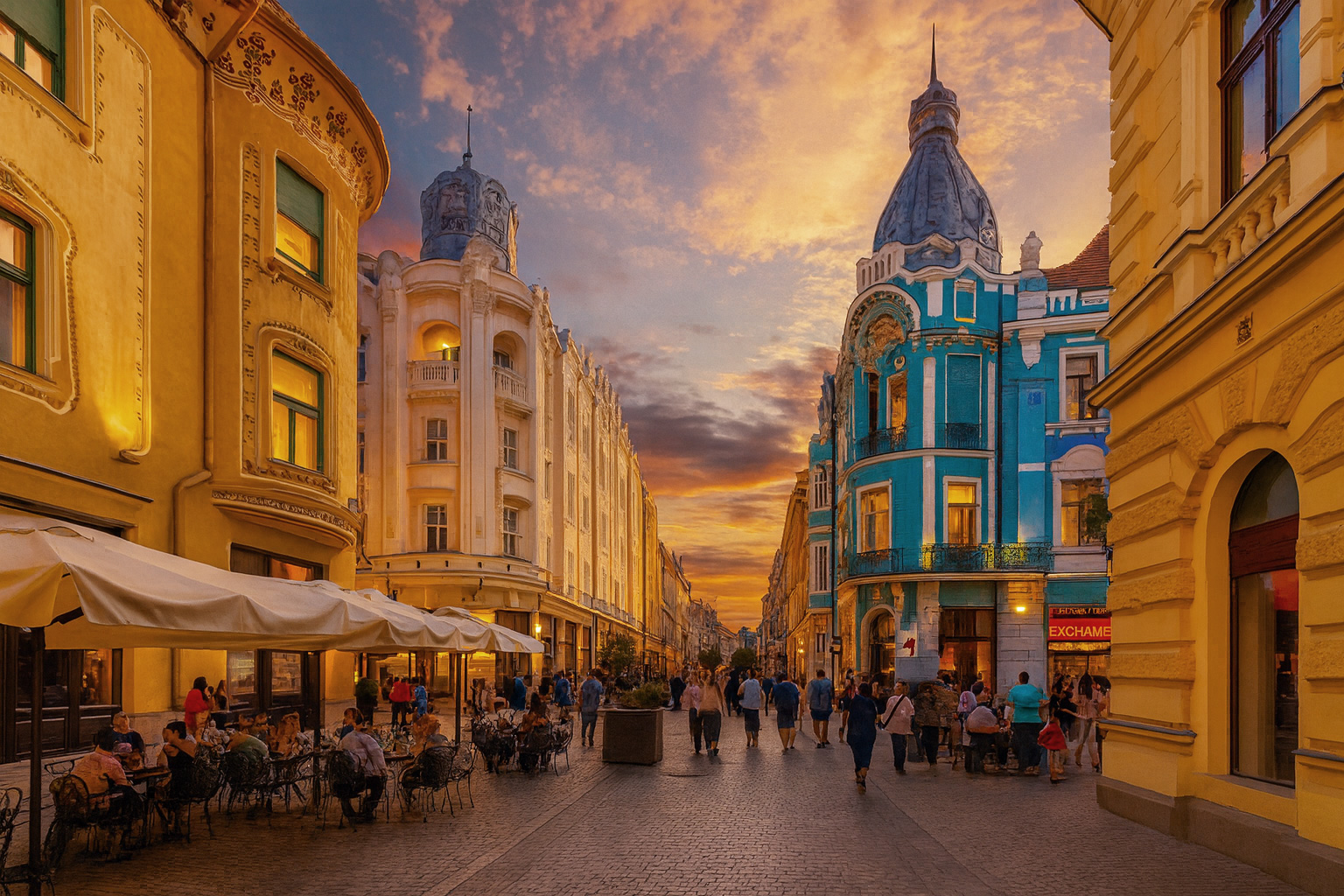Fußgängerzone in Oradea am Abend mit beleuchteten Schaufenstern, gut ausgeleuchteter Straßenbeleuchtung, belebtem Straßencafé rechts und Spaziergängern zwischen den historischen Jugendstil-Fassaden.