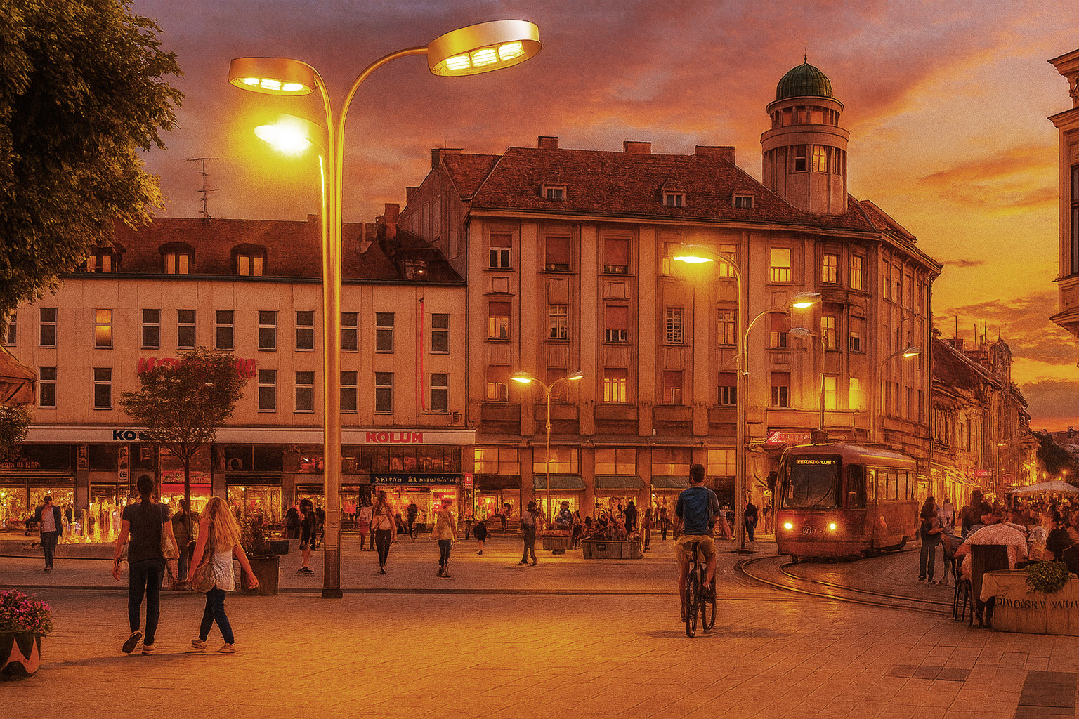 Abendstimmung am Platz Ante Starčevića in Osijek mit Spaziergängern, hellem Straßenlicht, beleuchtetem Straßencafé rechts, historischen Gebäuden und einer Straßenbahn vor farbenprächtigem Sonnenuntergang.