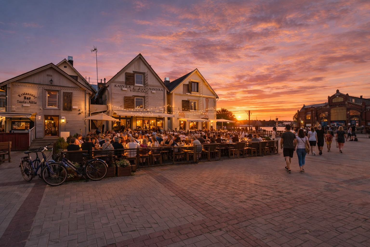 Belebtes Straßencafé an der Meritullinraitti in Oulu bei Sonnenuntergang mit warm beleuchteten Fenstern der historischen Holzhäuser, voll besetzten Außentischen ohne Absperrung, Lichterketten über der Terrasse, abgestellten Fahrrädern und Spaziergängern auf dem gepflasterten Platz vor dem Hafenensemble