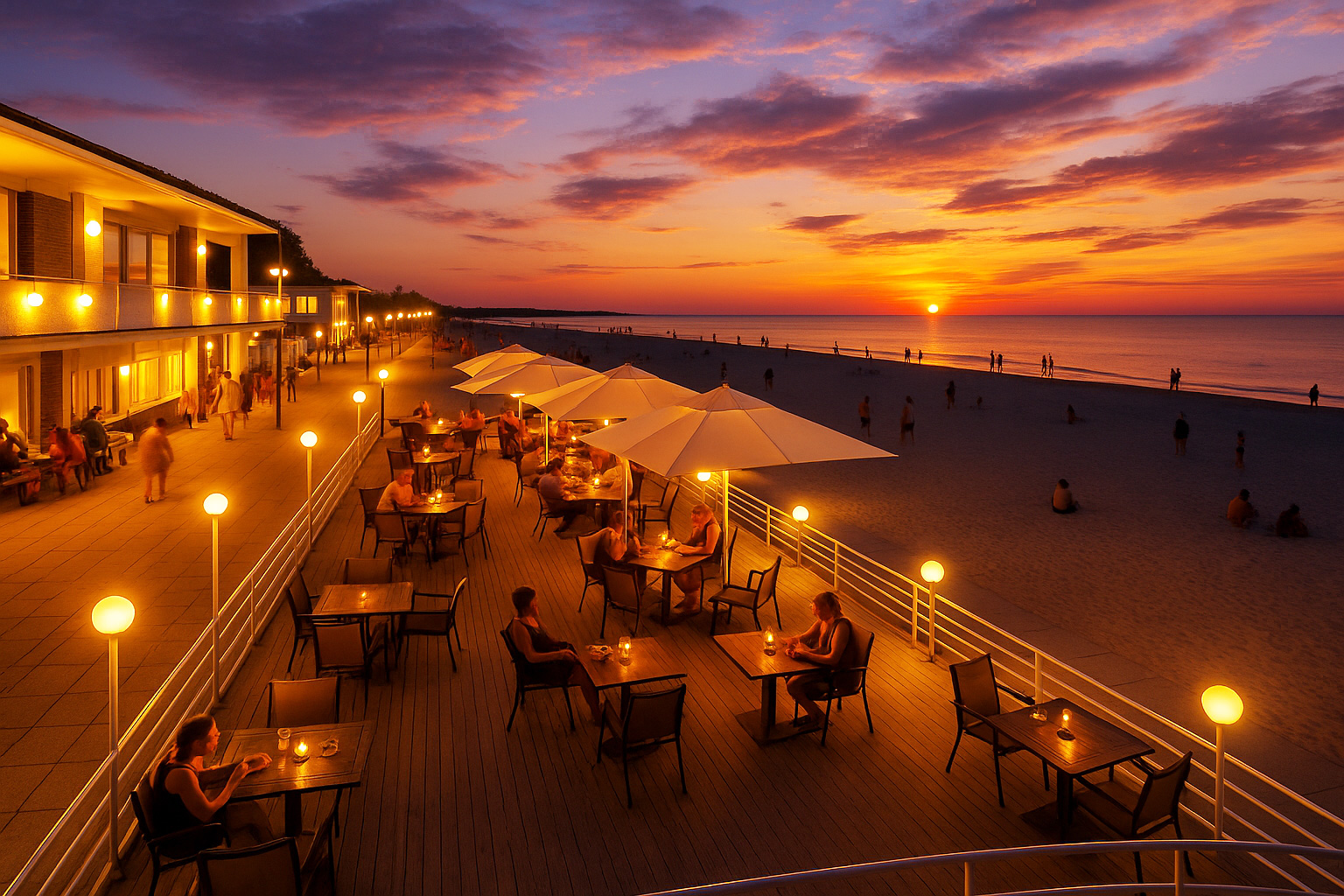 Helles Strandcafé und beleuchtete Promenade in Pärnu bei Sonnenuntergang.