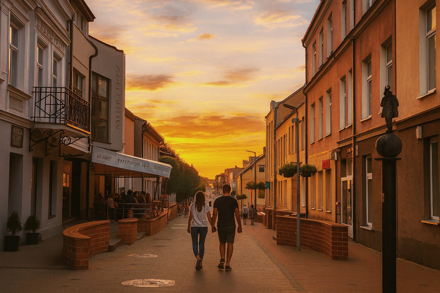 Früher Abend in der Fußgängerzone von Panevėžys mit Spaziergängern, belebt durch Cafés und malerische Wolken am Himmel.