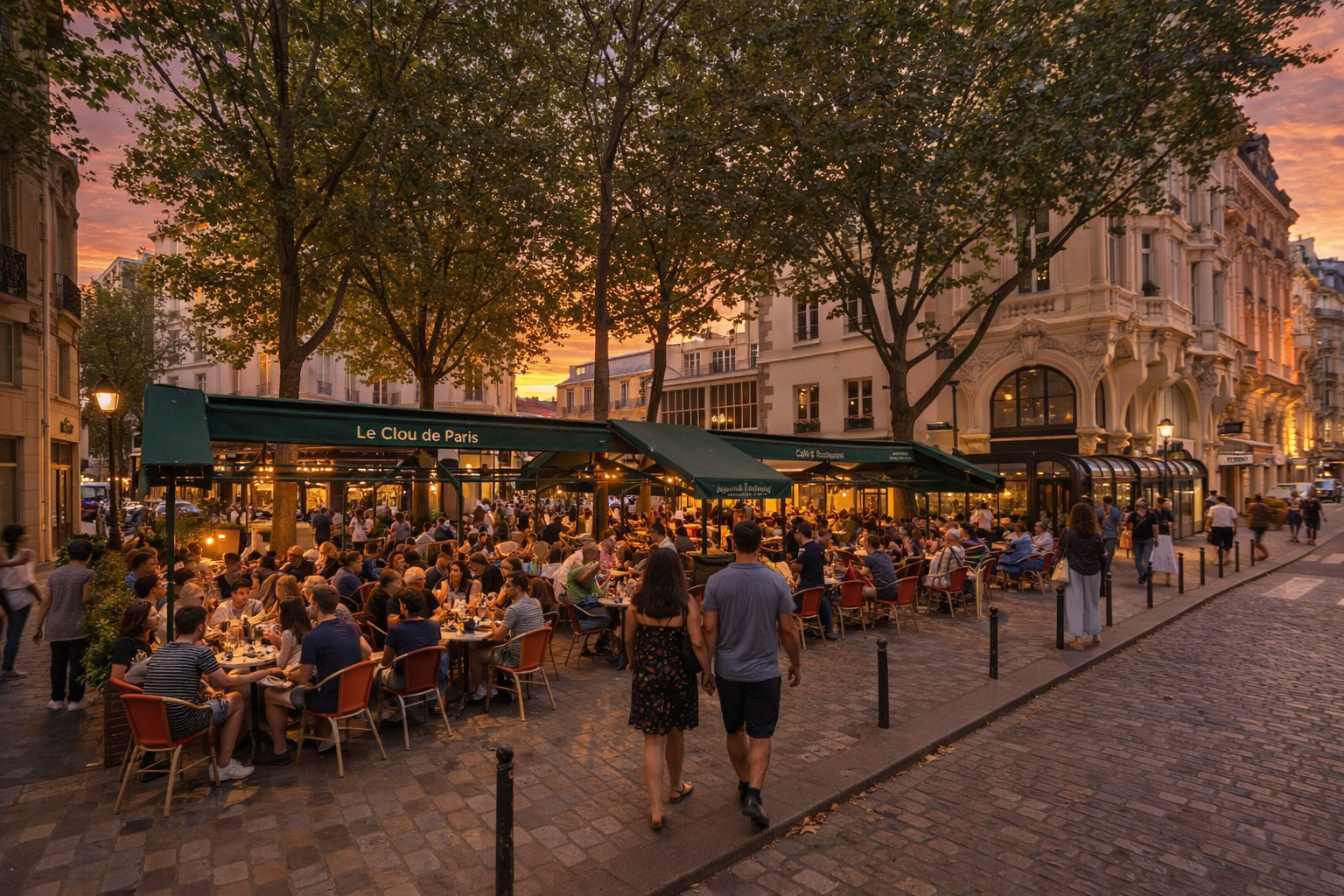 Abendstimmung am Pl. Saint-André des Arts mit belebtem Straßencafé unter grünen Markisen, vielen Gästen an kleinen Tischen, warm beleuchteten Fenstern der eleganten Fassaden, Spaziergängern auf dem Kopfsteinpflaster und weichem Licht des Sonnenuntergangs zwischen den Bäumen