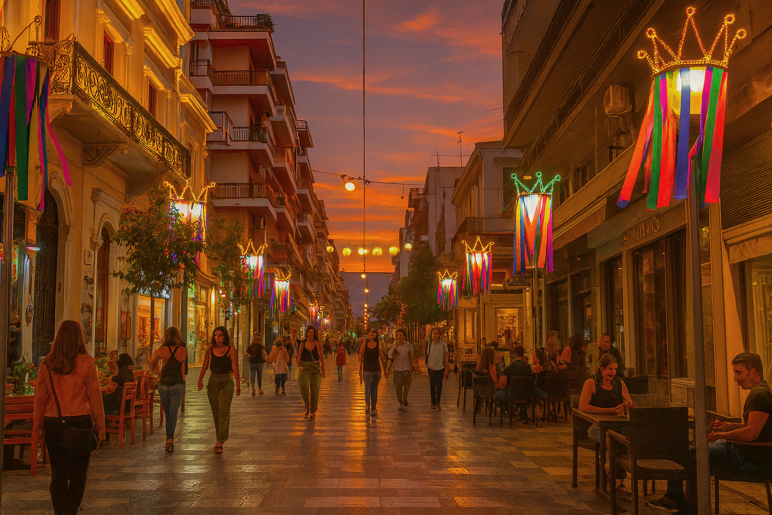 Abendstimmung in der Fußgängerzone von Patras mit festlicher Beleuchtung, Spaziergängern und einem belebten Straßencafé auf der rechten Seite.