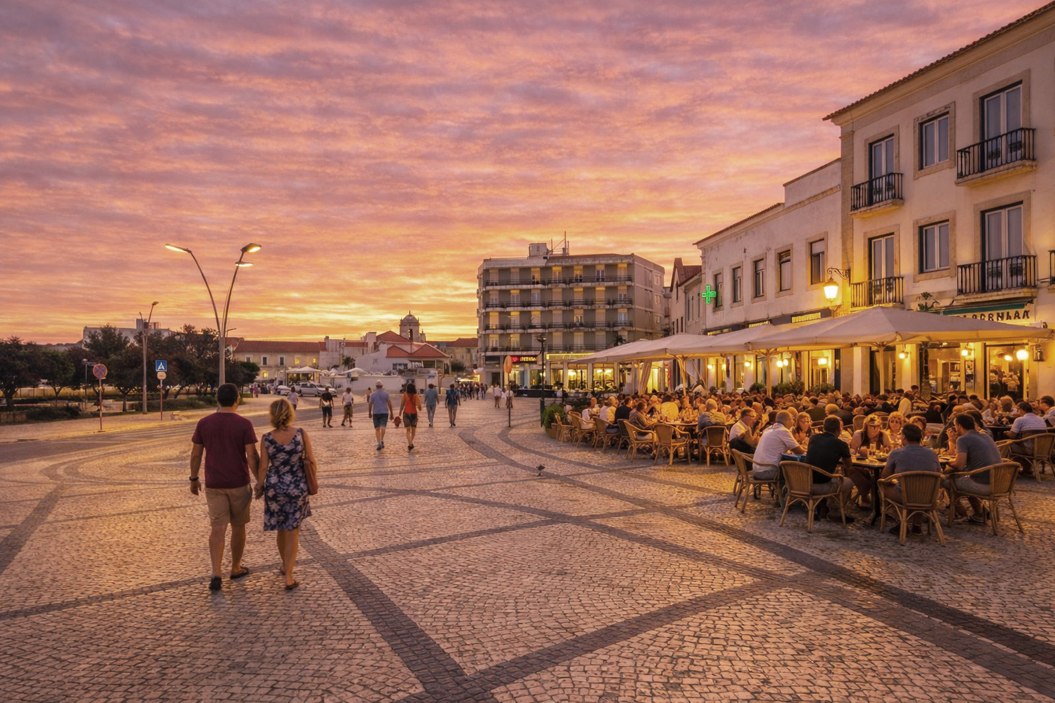 Praça Jacob Rodrigues Pereira in Peniche bei Sonnenuntergang mit warmem Himmel, eingeschalteter Straßenbeleuchtung, einem belebten Straßencafé auf der rechten Seite und Spaziergängern auf dem gemusterten Kopfsteinpflaster vor den Häuserfassaden.