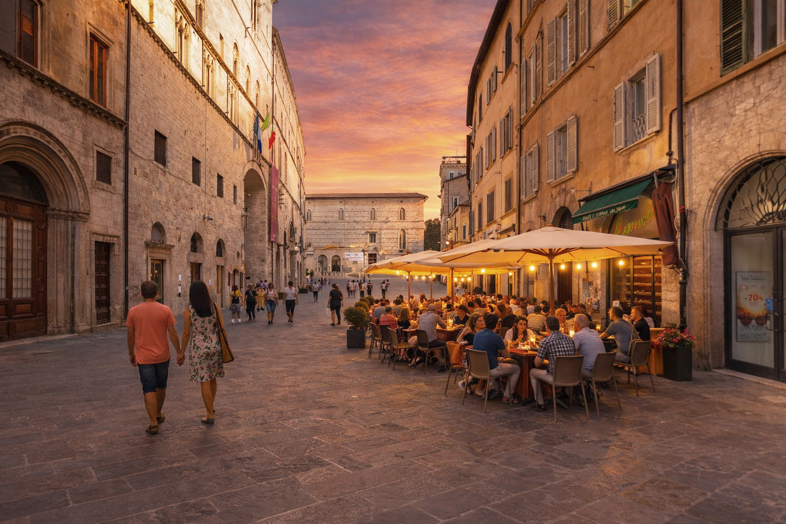 Sonnenuntergang auf dem Corso Vannucci in Perugia mit belebtem Straßencafé in der Straßenmitte und Spaziergängern in der historischen Altstadt