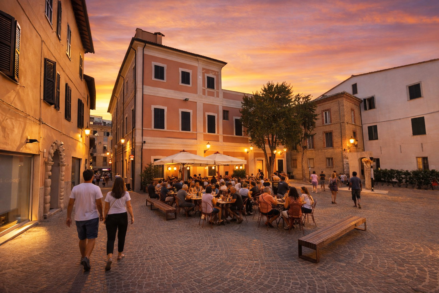 Sonnenuntergangsstimmung auf der Via Collenuccio Pandolfo in Pesaro mit belebtem Straßencafé in der Platzmitte, Spaziergängern auf dem Kopfsteinpflaster, warm beleuchteten Fassaden und farbenreichem Abendhimmel.