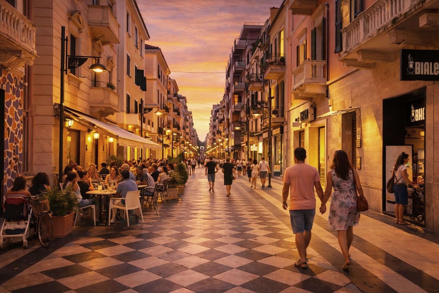 Sonnenuntergangsstimmung auf der Via Firenze in Pescara mit belebtem Straßencafé auf der linken Seite, zahlreichen Spaziergängern, warm beleuchteten Fassaden und einem farbenreichen Abendhimmel über der Fußgängerzone.