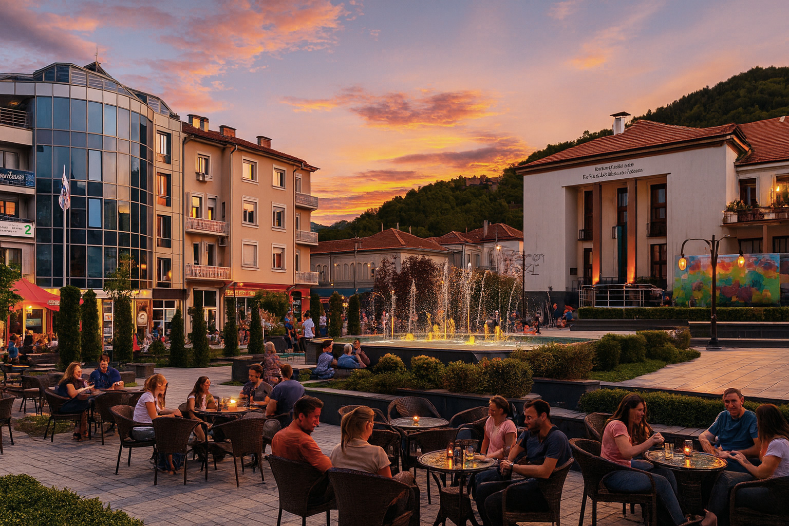 Abendstimmung am Stadtplatz von Petritsch mit beleuchtetem Brunnen, Straßencafés voller Gäste und malerischem Sonnenuntergangshimmel im Hintergrund.
