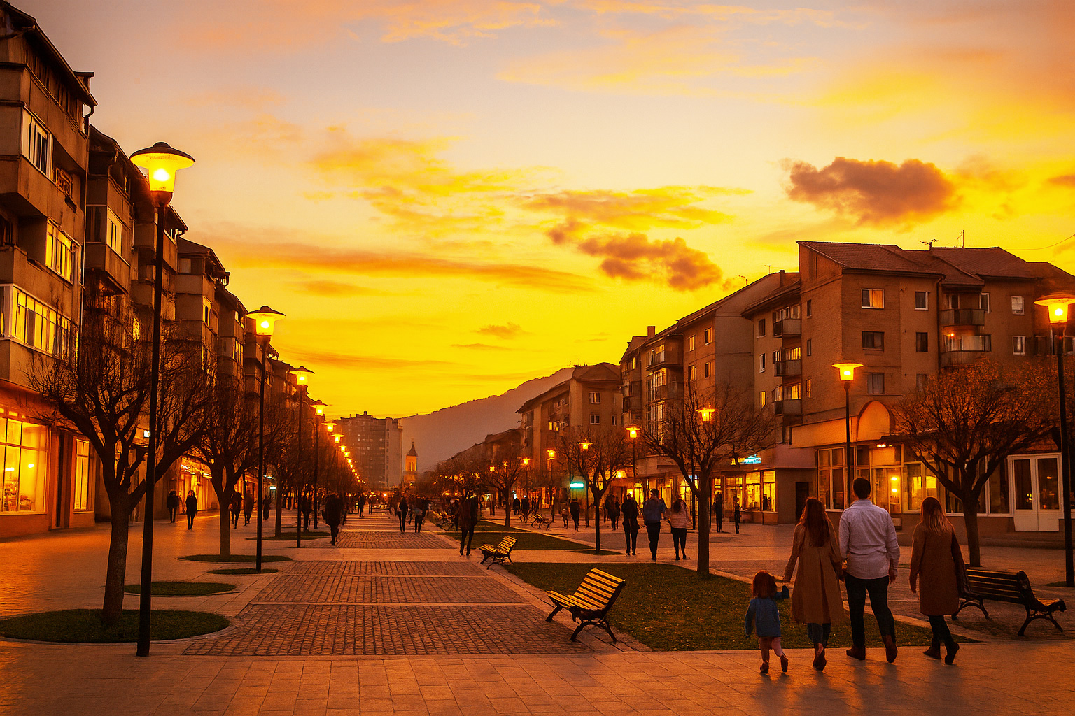 Abendstimmung in der Fußgängerzone Straße des 1. Dezember 1918 in Petroșani mit Spaziergängern, beleuchteten Straßenlaternen, Wohnhäusern und malerischem Sonnenuntergangshimmel.