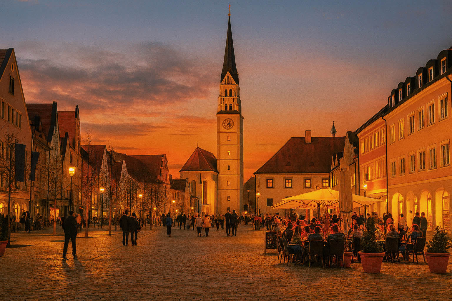 Abendstimmung in der Fußgängerzone von Pfaffenhofen an der Ilm mit beleuchtetem Straßencafé, erhellten Fassaden, Spaziergängern und angestrahlter Stadtpfarrkirche St. Johannes Baptist unter malerischem Sonnenuntergangshimmel.