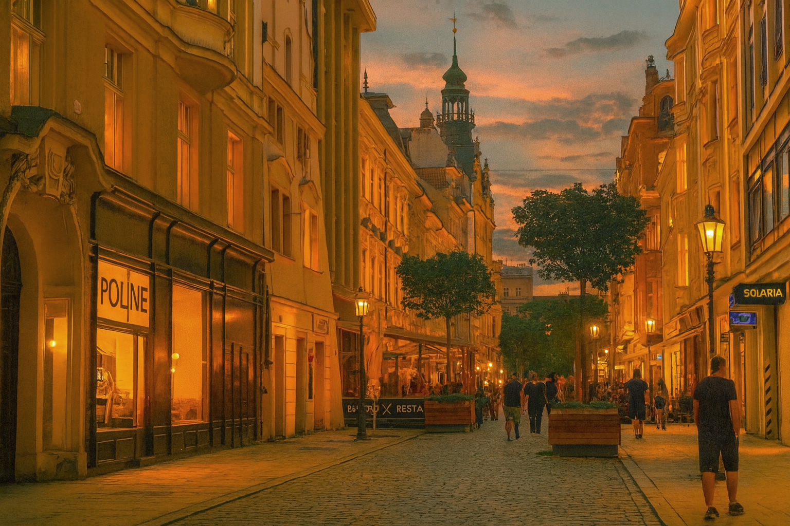 Abendstimmung in der Altstadt von Pilsen mit beleuchteten Schaufenstern, Spaziergängern in der Fußgängerzone und malerischem Sonnenuntergangshimmel.