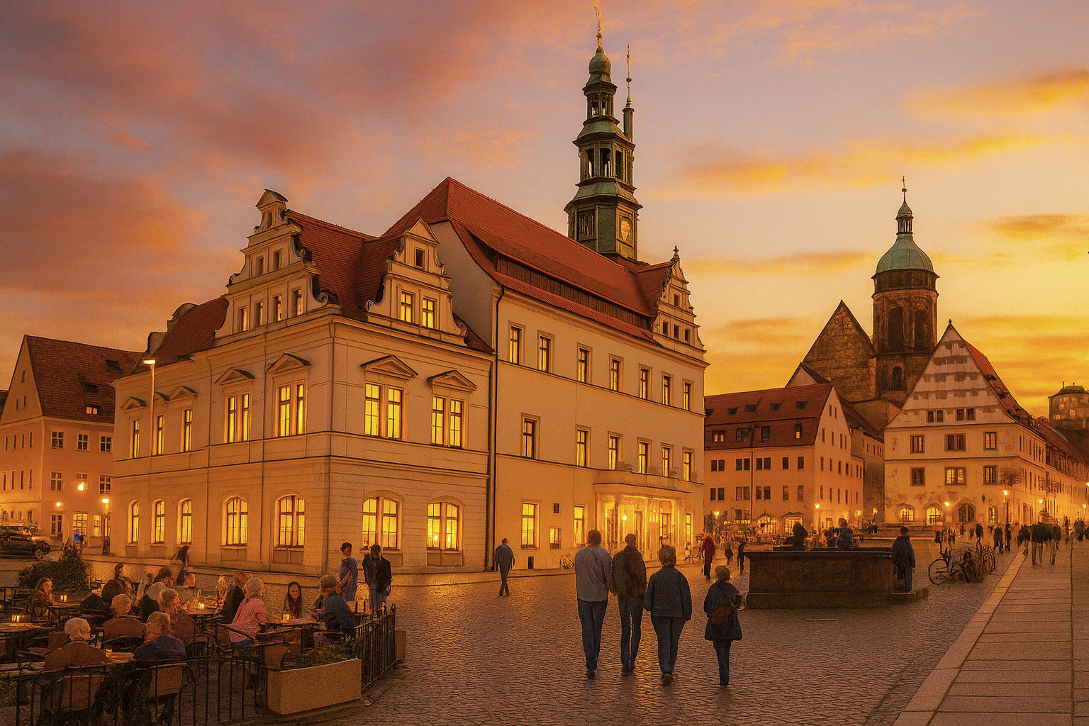 Marktplatz in Pirna im hellen Abendlicht mit warm beleuchtetem Rathaus und St. Marienkirche, belebtem Straßencafé, Spaziergängern auf dem Platz und malerischem Sonnenuntergangshimmel.