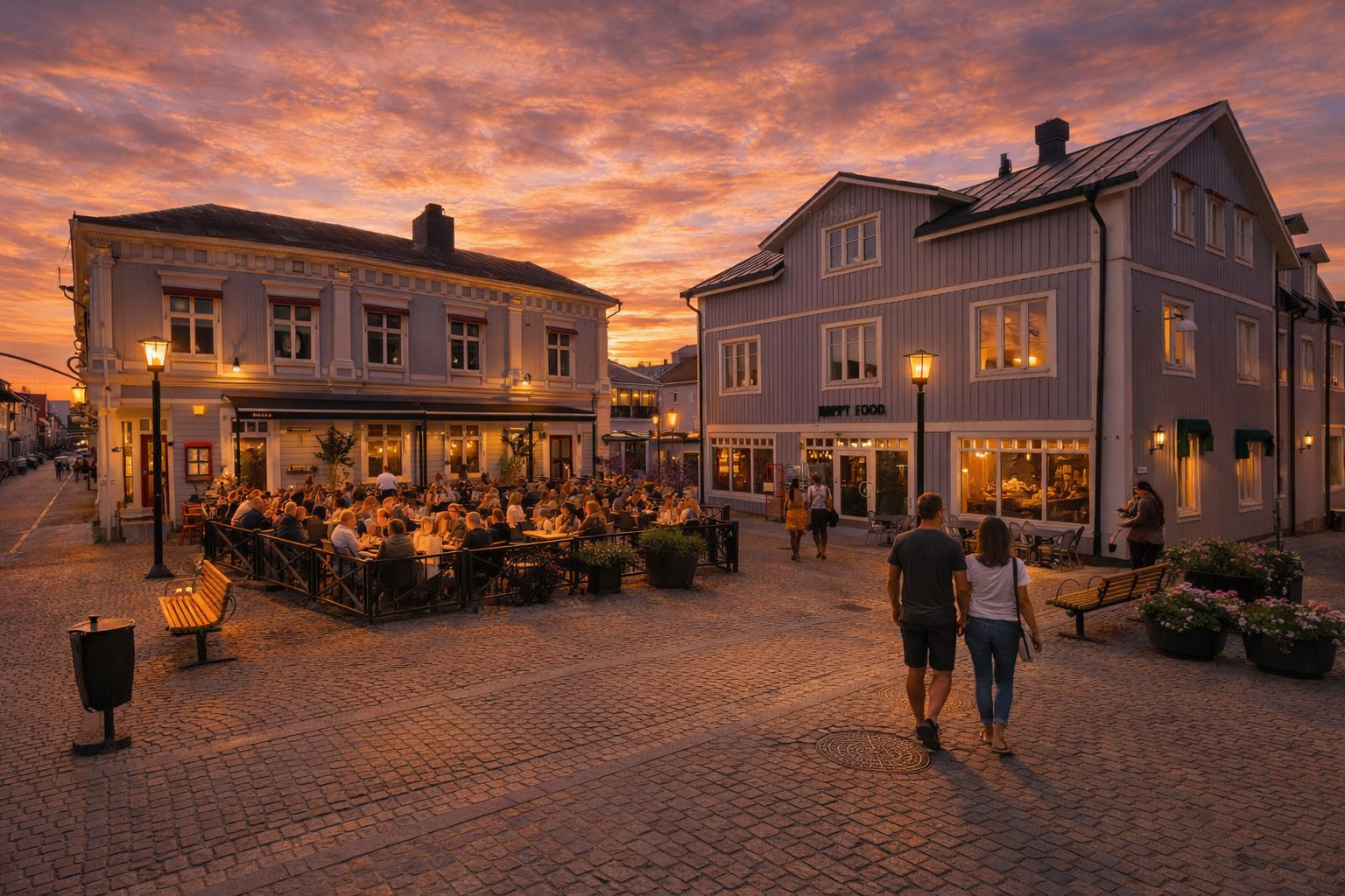 Kopfsteingepflasterter Platz an der Kyrkbrogatan in Piteå bei Sonnenuntergang mit warm beleuchteten Fenstern, eingeschalteten Straßenlaternen, voll besetztem Straßencafé zwischen hellen Holzhäusern und Spaziergängern auf dem offenen Platz vor Bänken und Blumenbeeten