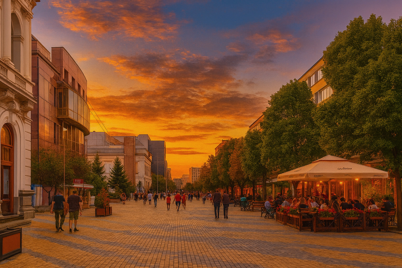 Fußgängerzone in Pitești am Abend mit sommerlich grünen Bäumen, beleuchtetem Straßencafé und zahlreichen Spaziergängern unter farbigem Sonnenuntergangshimmel.