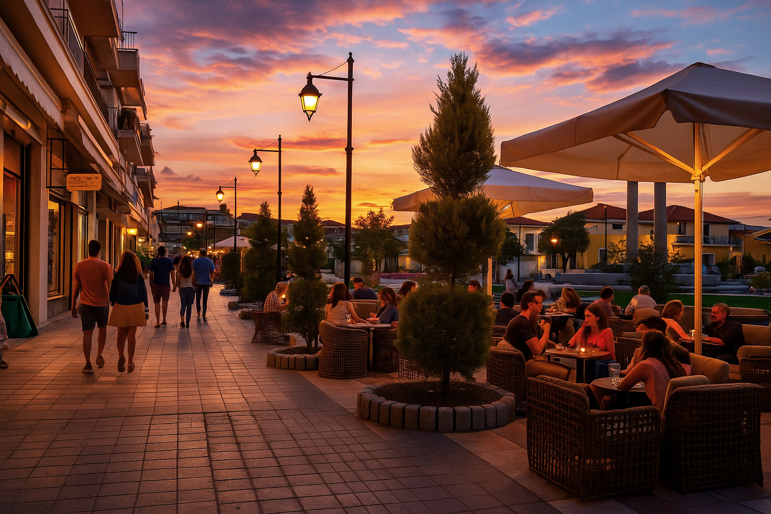 Abendstimmung in der Fußgängerzone von Polykastro mit beleuchtetem Straßencafé, Spaziergängern und malerischem Sonnenuntergangshimmel.