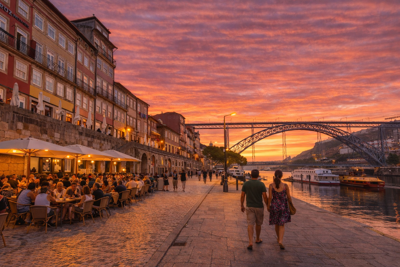 Ribeira-Platz Hafenpromenade in Porto bei Sonnenuntergang mit warmem Licht über dem Douro, einem belebten Straßencafé auf der linken Seite, eingeschalteter Uferbeleuchtung und Spaziergängern entlang der Promenade, während sich die Dom-Luís-I-Brücke im Abendhimmel abzeichnet.
