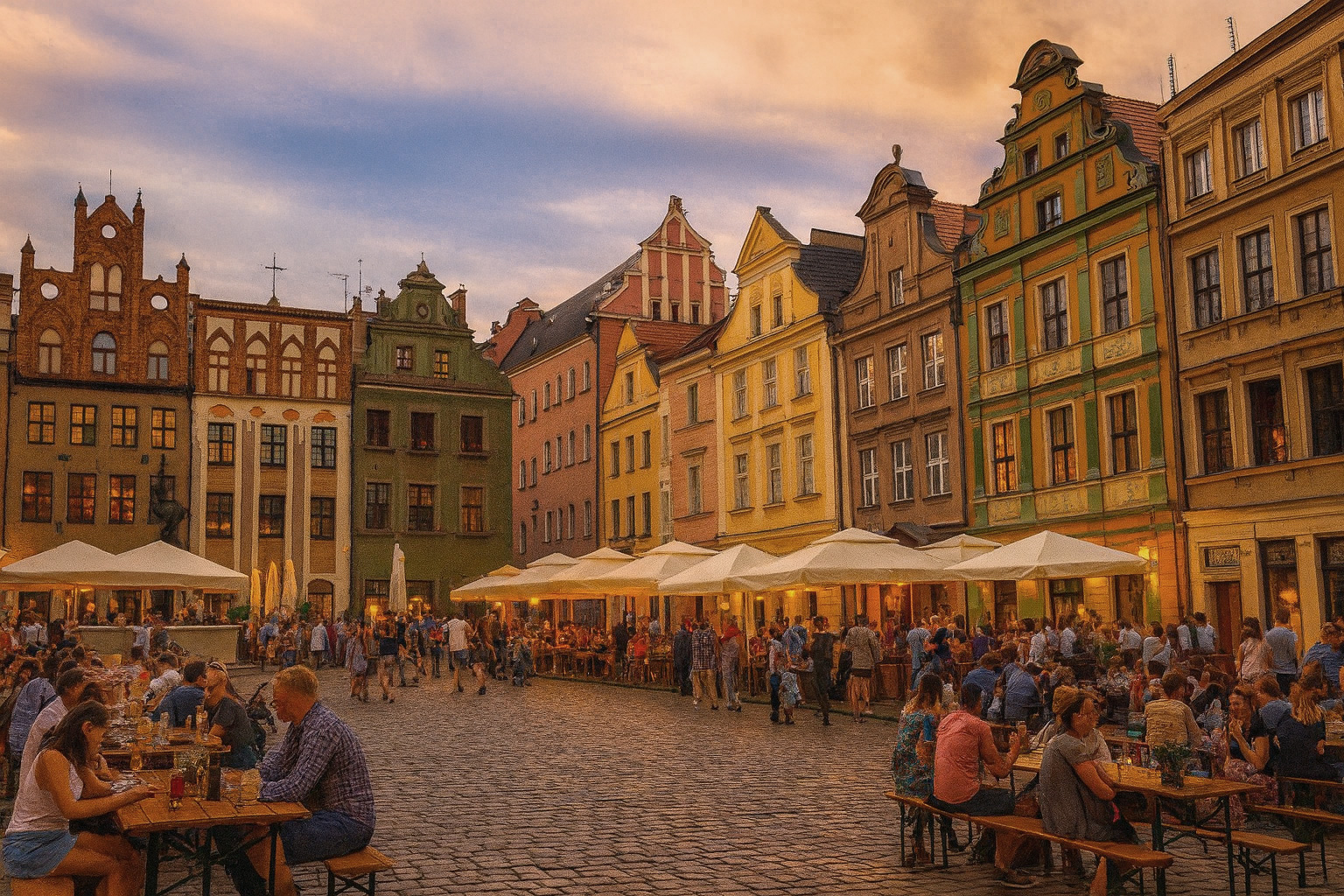 Früher Abend auf dem Altstadtplatz in Posen mit belebten Straßencafés und vielen Menschen.