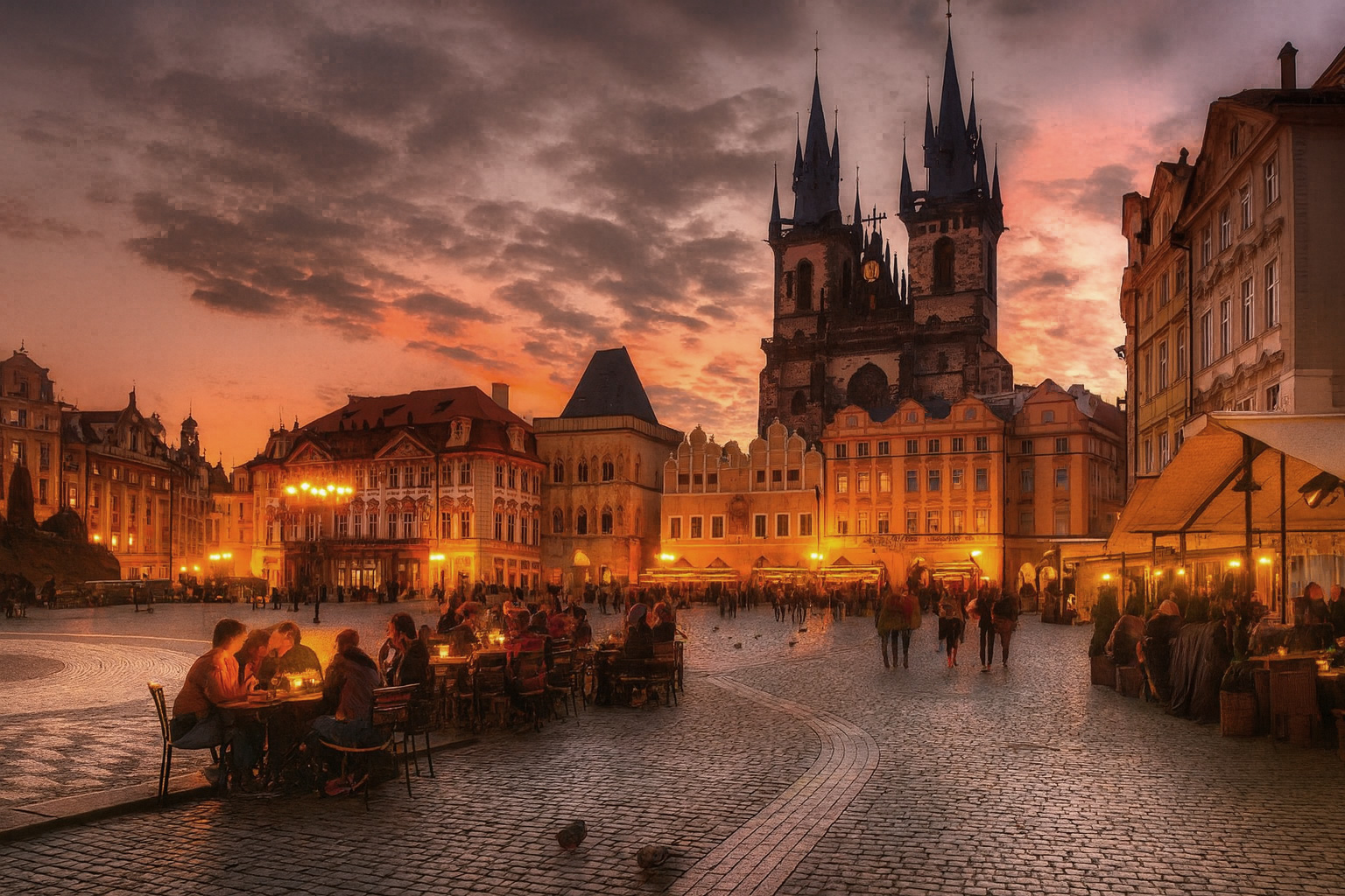 Abendstimmung auf dem Altstädter Ring in Prag mit der Teynkirche, beleuchteten Straßencafés, Spaziergängern auf dem Platz und malerischem Sonnenuntergangshimmel.