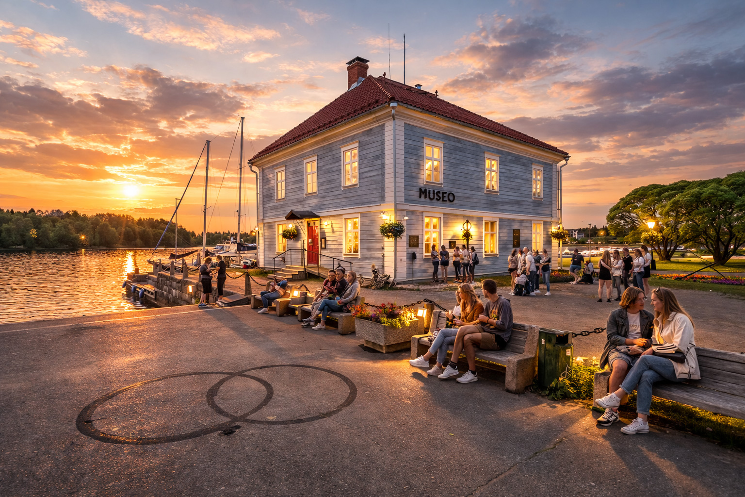 Hafenpromenade am Wasser bei Sonnenuntergang mit beleuchtetem Museum, warmem Abendhimmel, Segelmasten im Hintergrund und kleinen Gruppen junger Menschen auf den Bänken