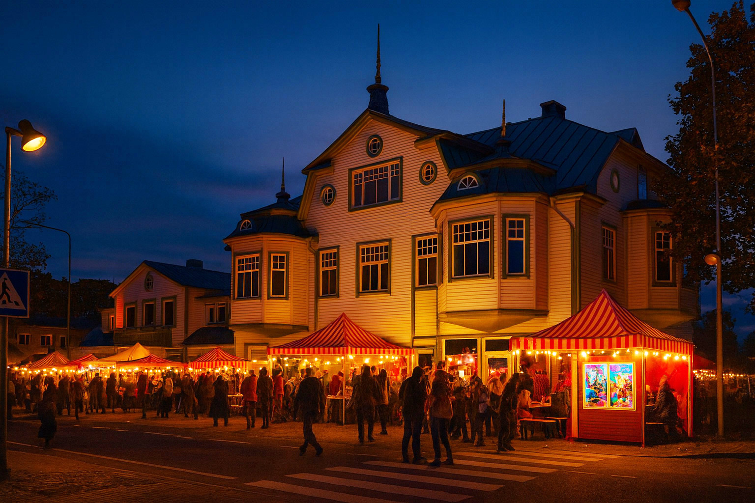 Abendstimmung in Rapla mit historischem Holzhaus und kleinem Dorffest voller Buden und Besuchern.