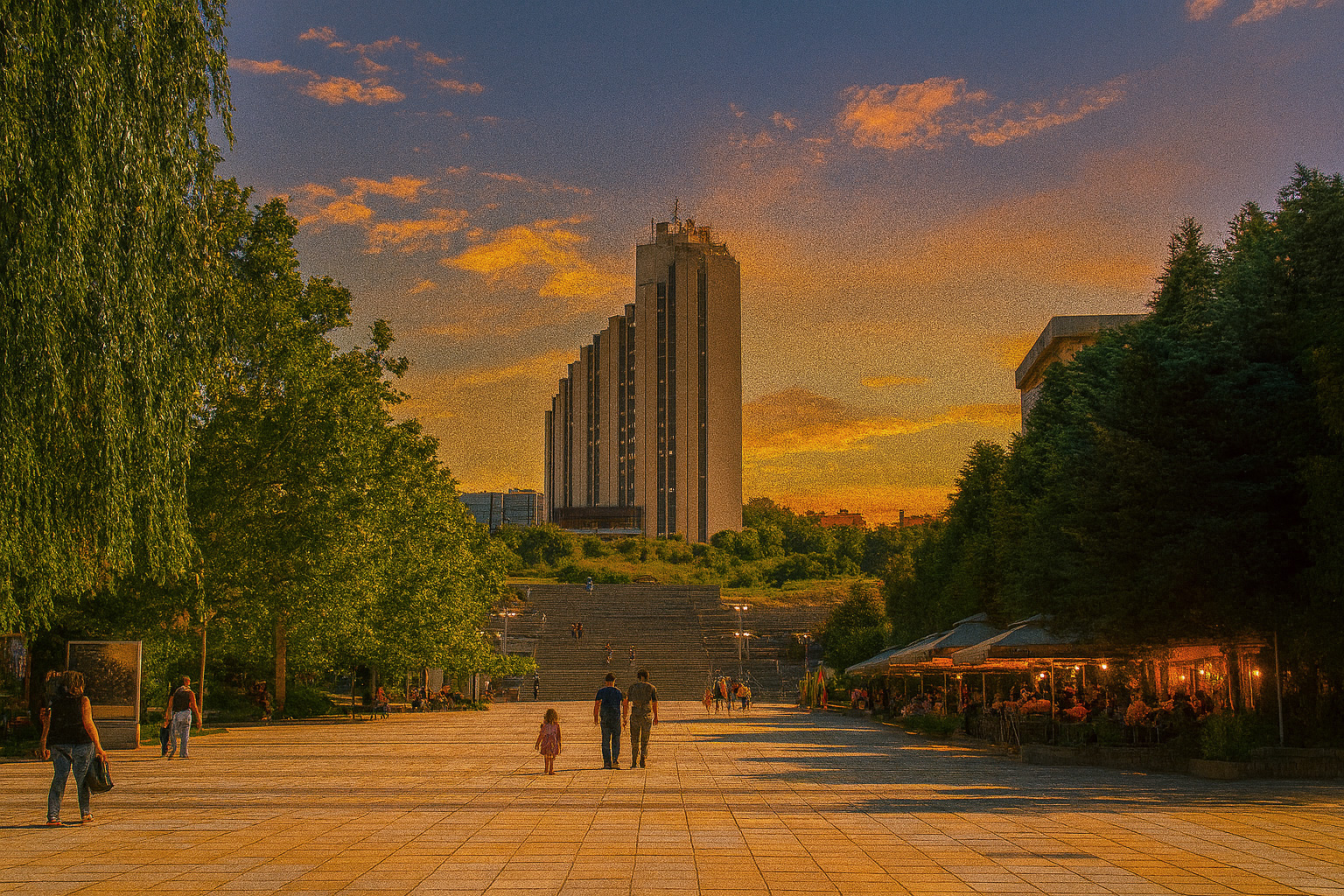Stadtpark in Rasgrad am Abend mit Spaziergängern, beleuchtetem Straßencafé und Hochhaus im Hintergrund unter farbigem Sonnenuntergang.