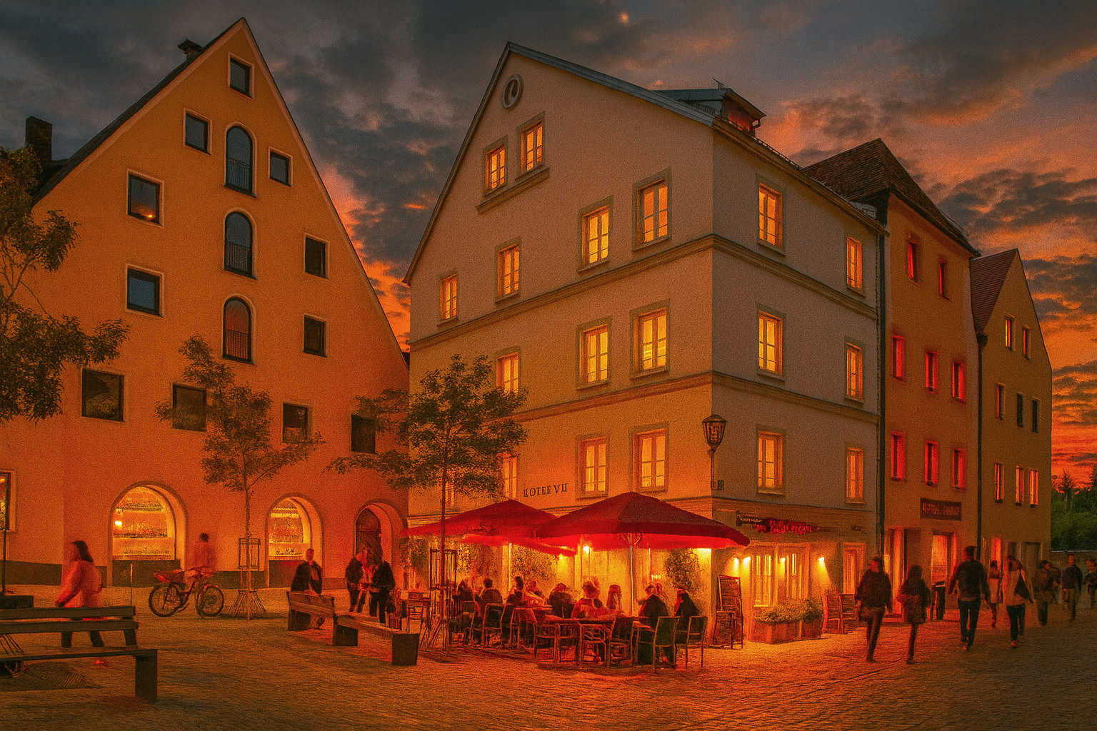 Abendstimmung in Regensburg mit traditionellem Wirtshaus, beleuchtetem Straßencafé mit roten Sonnenschirmen, erleuchteten Fenstern und Spaziergängern in der Altstadt.