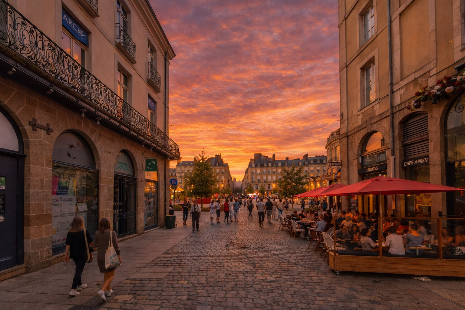 Abendstimmung in der Rue d'Orléans mit belebtem Straßencafé rechts unter roten Schirmen, warm beleuchteten Schaufenstern und Fenstern der historischen Steinbauten, vielen Spaziergängern auf dem Kopfsteinpflaster und leuchtendem Himmel bei Sonnenuntergang